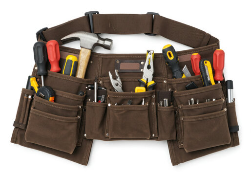 Tool belt with assorted tools hanging, ready for use.