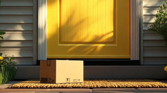 A cardboard package sits on a doorstep awaiting its recipient