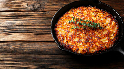 Crispy Rosti potato pancake in a cast iron pan garnished with fresh thyme symbolizes rustic comfort, culinary simplicity, and the warmth of traditional home cooking with modern presentation


