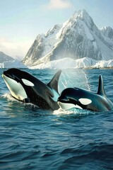 Obraz premium Two orcas in ocean, mountains behind, light blue sea water, sunlight, photo realistic.