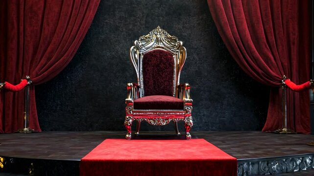 A majestic throne sits center stage bathed in dramatic red lighting awaiting its occupant