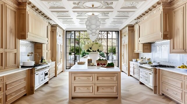 Luxurious kitchen interior with custom cabinetry and detailed ceiling decor