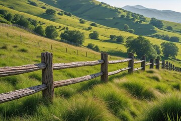Fototapeta premium Charming Rustic Fences on Grassy Hills - Beautiful Serene Nature Landscape