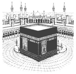 Obraz premium Holy Kaaba in Mecca Saudi Arabia, Hand Drawn Sketch Vector illustration.