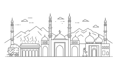 Obraz premium mosque in mecca on white background in line art style. Modern linear Islamic greeting card template and wallpaper design. Poster and media banner vector illustration
