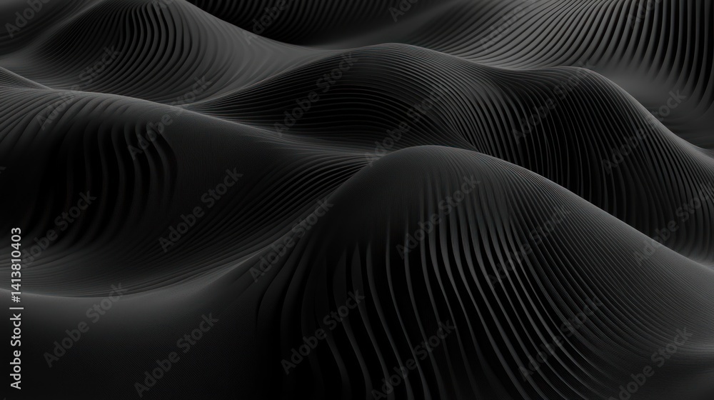 Poster an abstract rendering of flowing black dunes with grooved linear textures creating undulating wavefo