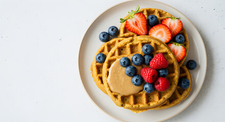 Delicious Waffles Stacked with Berries and Creamy Topping on White Background