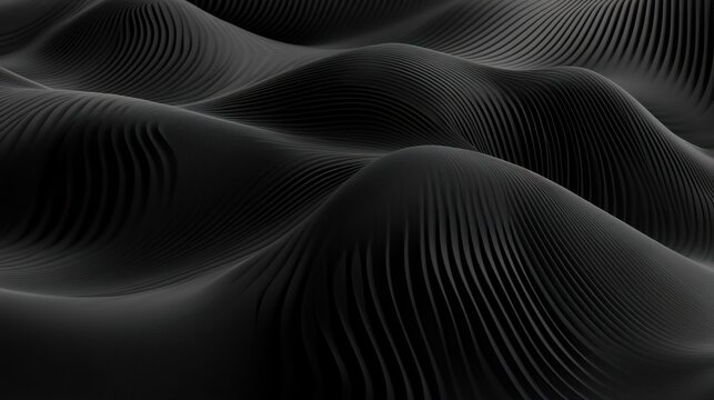 an abstract rendering of flowing black dunes with grooved linear textures creating undulating waveforms ideal for backgrounds and evocative visual interpretations of organic landscapes