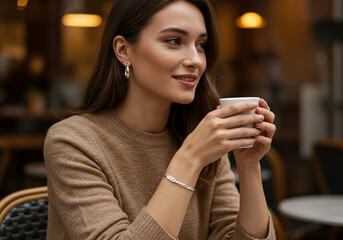 Mulher elegante tomando café em cafeteria aconchegante, usando joias de prata em ambiente moderno e acolhedor