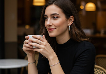 Mulher elegante tomando café em cafeteria aconchegante, usando joias de prata em ambiente moderno e acolhedor