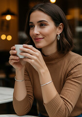Mulher elegante tomando café em cafeteria aconchegante, usando joias de prata em ambiente moderno e acolhedor