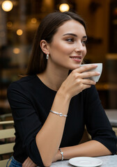 Mulher elegante tomando café em cafeteria aconchegante, usando joias de prata em ambiente moderno e acolhedor