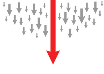 Massive Arrows Falling Down with One Big Arrow in the Center Symbolizing Business Deficit, Trading Loss, and Economic Recession
