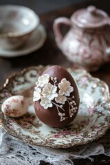 A chocolate egg covered in delicate sugar flowers rests on a decorated plate. The rich chocolate is gleaming under the soft light. The mood is elegant and indulgent