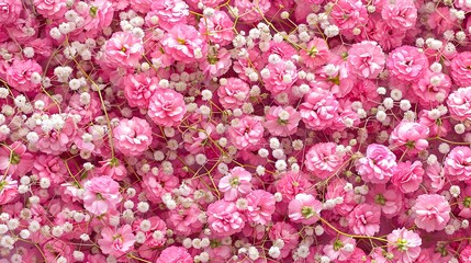 Beautiful flower background of pink gypsophila flowers. Flat lay, top view. Floral pattern.  
