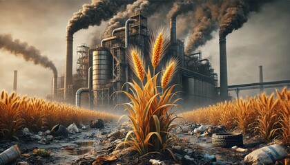 Golden Wheat Amidst Industrial Smog and Waste