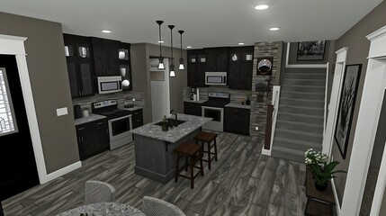 Modern interior kitchen design with dark cabinets and central island view