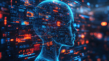 Futuristic digital interface with glowing AI hologram symbolizing the evolution of artificial intelligence technology virtual networks innovation data exchange and modern digital communication

