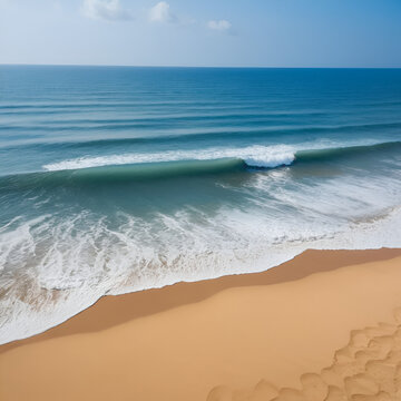 Soft waves of the ocean on a sandy beach with blue calm waves.  Chilaw, Sri Lanka