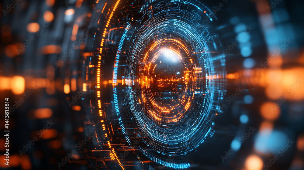Poster futuristic digital interface with glowing ai hologram symbolizing the evolution of artificial intell