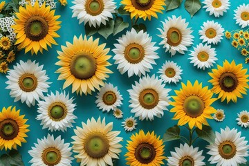 Summer Picnic Decor Featuring Stunning White and Yellow Sunflowers Against a Vibrant Turquoise Background