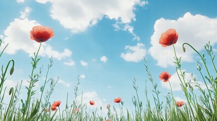 Bright Poppy Flowers Against a Clear Sky with Fluffy Clouds