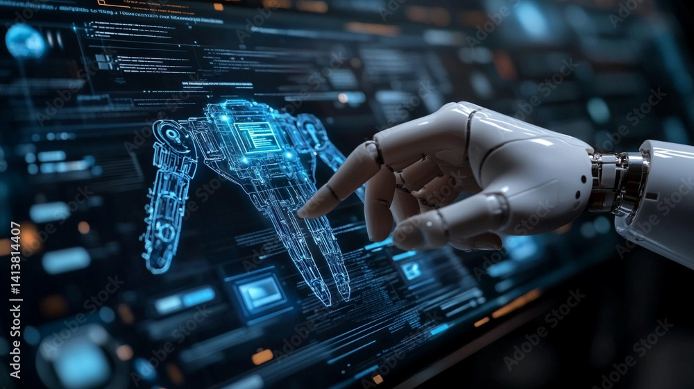 Poster futuristic digital interface with glowing ai hologram symbolizing the evolution of artificial intell