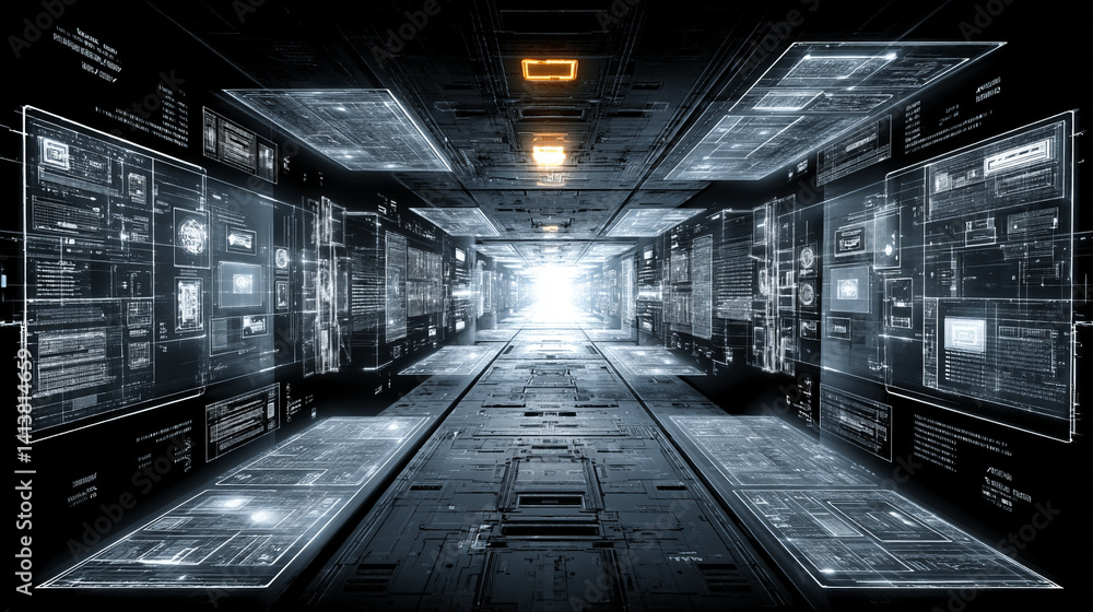 Poster futuristic digital interface with glowing ai hologram symbolizing the evolution of artificial intell