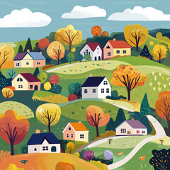 Colorful Countryside Landscape. Scenic Village with Hills, Trees, and Traditional Houses. 