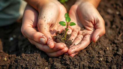 Soil, hands and seedling for planting, support and development for growth, future and conservation. Sustainability, people and nature for green, ecology and climate change awareness for eco friendly
