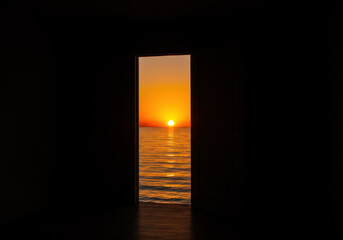 Door opens to the vibrant sunset, casting warm golden hues on the serene beach, with palm trees silhouetted against the colorful sky.