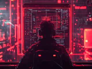 Futuristic Data Analyst Working in Dark Room with High-Tech Interface