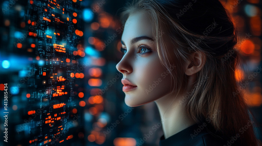 Poster futuristic digital interface with glowing ai hologram symbolizing the evolution of artificial intell