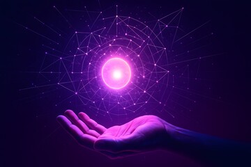Hand reaching out to glowing data points, symbolizing AI technology's impact on marketing in a purple and black background