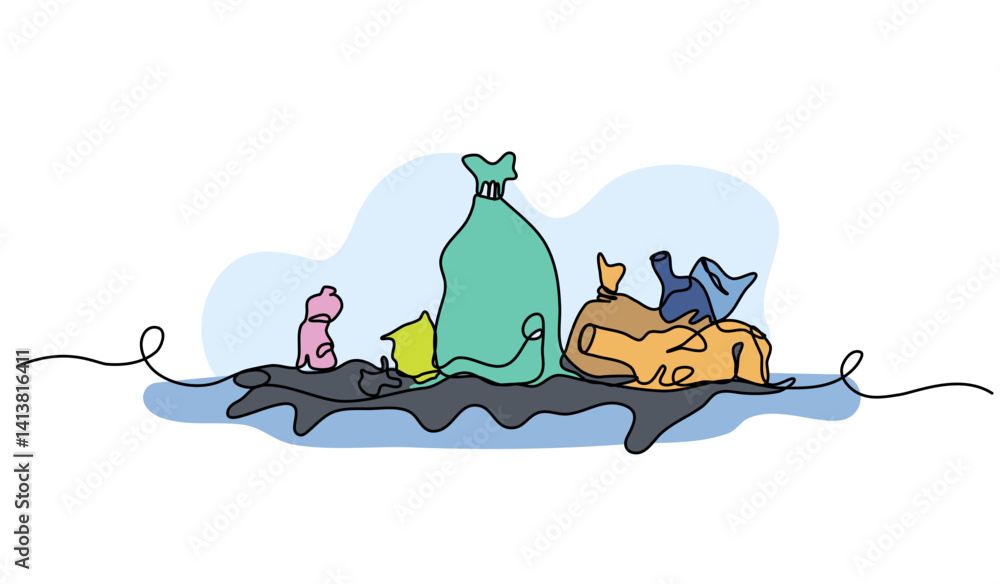 Poster vector illustration of garbage piles. modern flat in continuous line style.