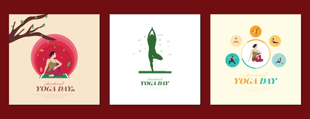 International, yoga day, greeting and wishing social media post design vector file with yoga pose, silhouette, exercise,