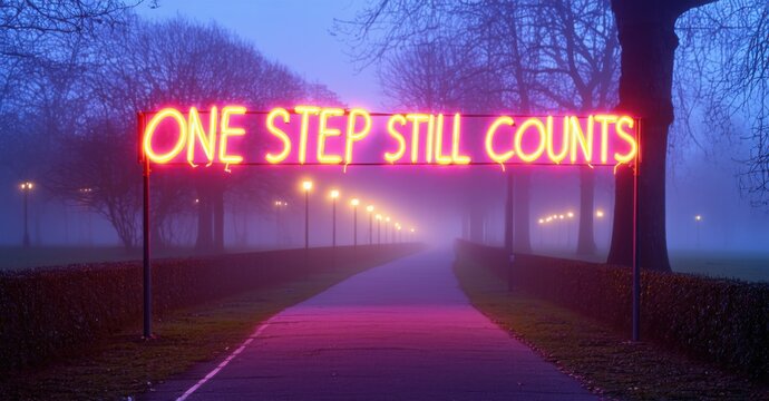 Naklejki Glowing phrase one step still counts in pink and orange neon glowing near winding park path covered in fog and lined with streetlights