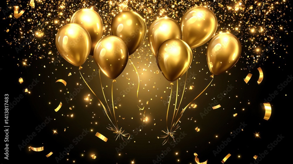 Poster elegant golden balloons floating amidst shimmering confetti and bokeh lights against a dark backdrop