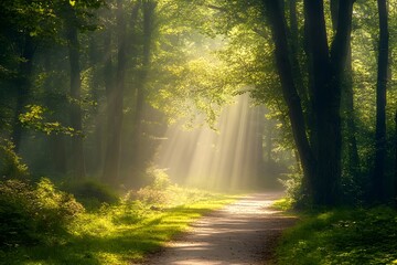 Fototapeta premium Tranquil Walkway Under a Canopy of Sunlit Trees