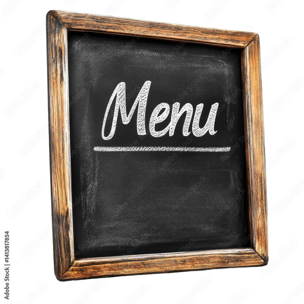 Poster chalkboard display for menu options in a cozy cafe setting, blackboard with the word menu written in