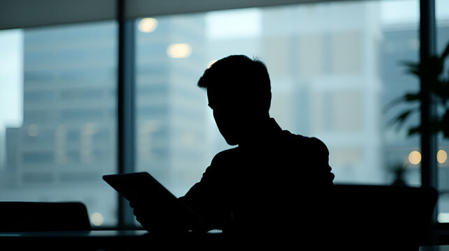 Silhouette of a businessman without a face sitting at a table with an electronic tablet in blur with light correction. Background and basis for footage