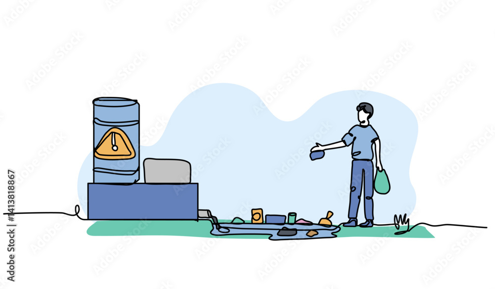 Aufkleber vector illustration of a man throws trash in the river. modern flat in continuous line style.