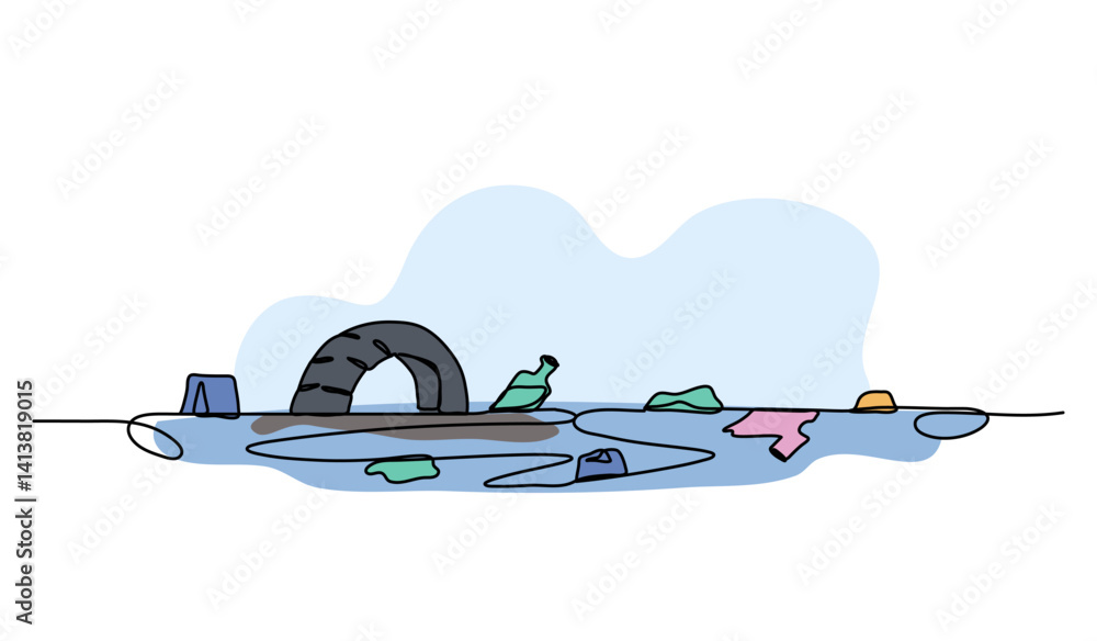 Poster vector illustration of polluted water with trash. modern flat in continuous line style.