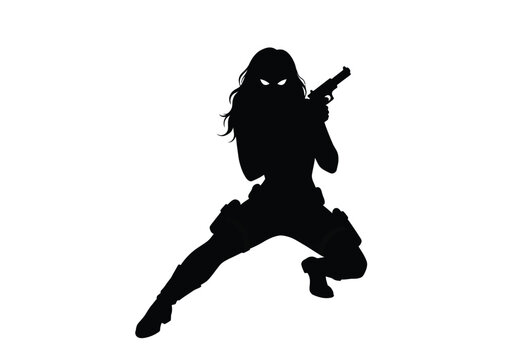 Female spy silhouette. This image showcases a female spy in a dynamic pose, holding a weapon, exuding a mysterious and sleek vibe. Vector clipart black illustration design.