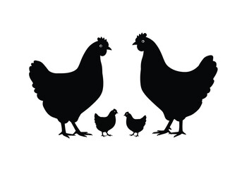 Chicken family silhouette. This image displays a black silhouette of chickens with adults and chicks in a grouped pose. Vector clipart black illustration design.