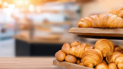 Freshly baked croissants and bread rolls displayed on wooden shelves in a cozy bakery setting