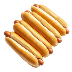 Empty hot dog buns lined up on a white background ready for filling with your favorite toppings, Empty hot dog buns isolated on white background