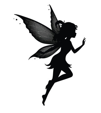 Pixie silhouette. This image shows a black silhouette of a pixie with delicate wings, also known as a fairy or sprite, symbolizing fantasy and enchantment. Vector clipart black illustration design.