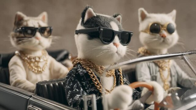 Cat Crew's Stylish Ride: A trio of cool cats, adorned in stylish sunglasses and bling, cruise in a classic car, epitomizing feline swagger and adventurous spirit.