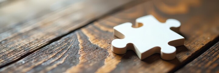White puzzle piece gently placed on wooden surface Close-up , solution, creative, activity
